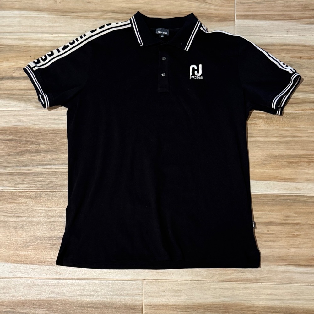 Just Cavalli Mens Black Logo Tape Polo Shirt Short Sleeve XXL Logo Graphic